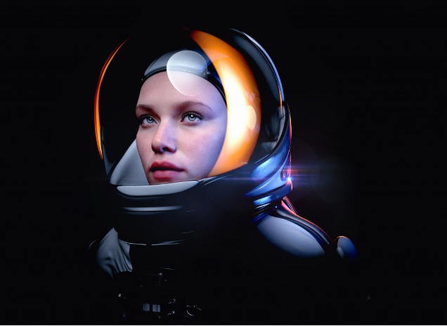 woman in a futuristic space helmet